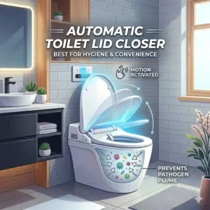 Graphic illustration showing the spread of bacteria when flushing without an automatic toilet lid closer.