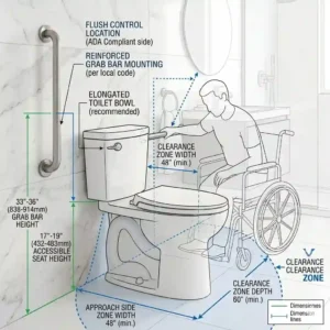 Technical illustration detailing the required floor clearance and mounting dimensions for Toto ada toilets to ensure wheelchair accessibility.