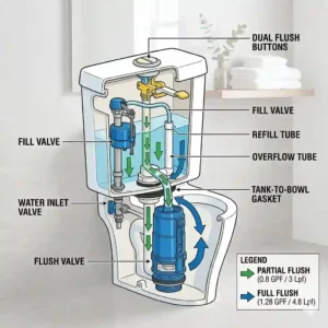 A detailed cross-section diagram explaining the internal mechanism and valve assembly of a toto dual flush toilet tank.