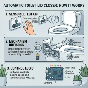 Diagram illustrating how the motion sensor triggers the automatic toilet lid closer mechanism.