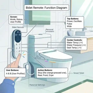 Close-up vector diagram explaining the water pressure and temperature adjustment settings on a electronic bidet remote.