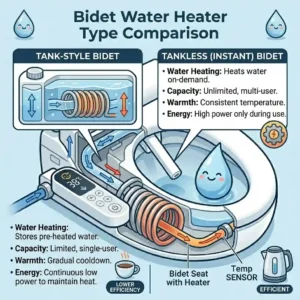 Close-up of a digital remote control adjusting the temperature settings of a bidet water heater.
