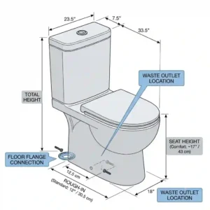 Technical diagram showing the standard rough-in measurements and precise installation dimensions for a floor mounted toilet.