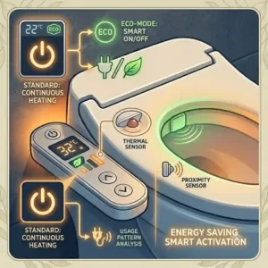 Energy saving eco-mode diagram for an efficient toilet heated system with automatic power-saving features.
