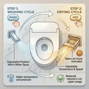 Technical illustration showing the functional sequence of a bidet toilet with dryer from washing to air drying.