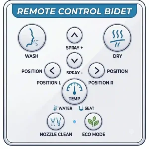 A detailed illustration of a wireless remote control bidet interface highlighting water temperature and spray pressure buttons.