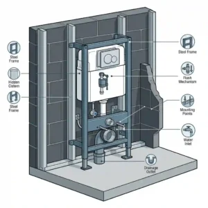 Illustration of an in-wall tank system and metal carrier frame for a wall mounted toilet bowl installation.