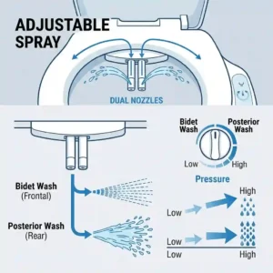 An infographic diagram explaining the water pressure and spray function of a toilet seat riser with bidet.