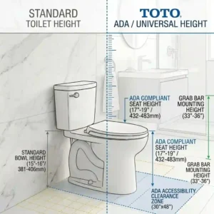 Comparative illustration showing the height difference between a standard toilet and a Toto ada toilets universal height bowl design.