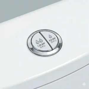A close-up view of the chrome top button on a toto dual flush toilet highlighting the partial and full flush options.