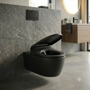 Sleek wall-mounted black toilet with bidet wand spray installed against textured gray bathroom tiles.