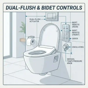 Close-up illustration of the dual-flush wall plate and smart remote control for a wall mounted toilet with bidet.