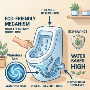 Infographic illustration detailing the eco-friendly, waterless mechanism of a modern standing toilet.