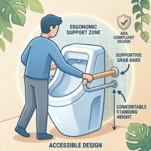Diagram highlighting the accessible and ergonomic design features of a supportive standing toilet.