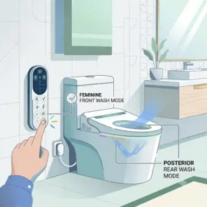 Graphic illustration highlighting the feminine front wash and posteriors rear wash buttons on a modern bidet remote.