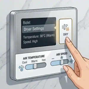 Wireless remote control interface showing adjustable air temperature settings for a bidet toilet with dryer.