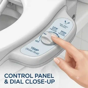 A close-up view of the side control panel on a medical toilet seat riser with bidet.