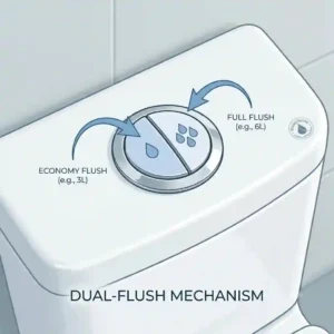 Close-up technical illustration highlighting a dual-flush button mechanism built into a water-saving floor mounted toilet.