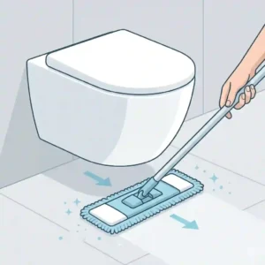 Close-up showing a mop cleaning the unobstructed floor space underneath a wall mounted toilet bowl.