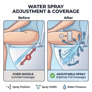 Graphic illustration demonstrating different nozzle positions and spray modes adjusted via a remote control bidet.