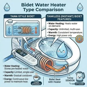 Side-by-side comparison infographic of a hybrid tankless bidet water heater versus a traditional heated water reservoir system.
