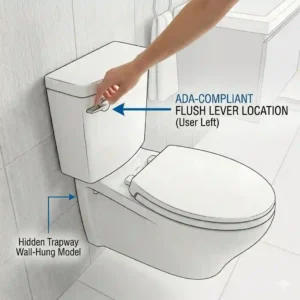 Close-up line drawing highlighting the proper trip lever placement on the approach side of Toto ada toilets for easy access.