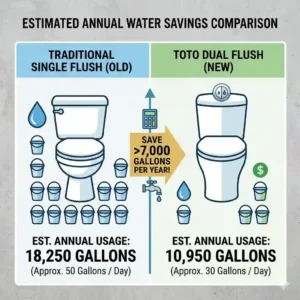 An infographic comparison chart demonstrating the estimated annual water savings of a toto dual flush system compared to traditional models.