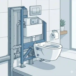 Cross-section diagram illustrating the hidden in-wall tank and steel frame for a wall mounted toilet with bidet.