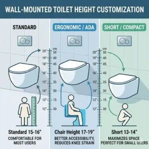 Comparison chart showing various installation heights for a wall mounted toilet bowl to suit different user needs.