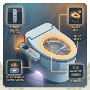 Multifunctional smart electronic bidet combo featuring a warm air dryer and integrated toilet heated seat.