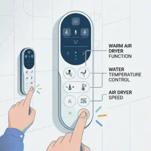 Line art illustration of a hand pressing the warm air dryer icon on a sleek wireless bidet remote control.
