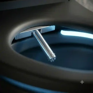Self-cleaning stainless steel bidet nozzle extending from under the seat of a modern black toilet