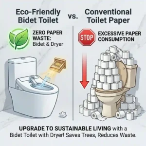 Graphic illustrating how upgrading to an integrated bidet toilet with dryer eliminates the need for toilet paper.