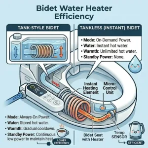Graphic showing the eco-mode energy consumption and power savings of a smart bidet water heater.