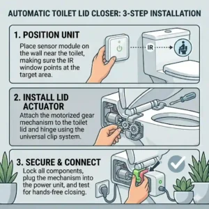 Easy step-by-step DIY installation guide illustration for a universal automatic toilet lid closer.
