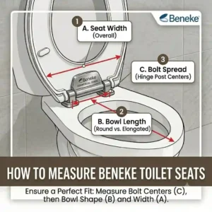 Technical illustration showing how to measure a toilet bowl for beneke toilet seats.