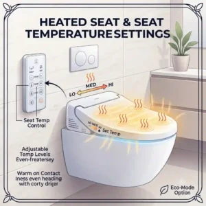 An illustration depicting the heated seat feature on an electronic remote control bidet with temperature level indicators.