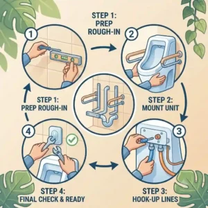 Four-step graphical installation guide showing how to mount and connect a standing toilet.