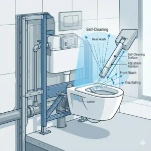 Line drawing demonstrating the adjustable self-cleaning nozzle and water spray patterns of a wall mounted toilet with bidet.