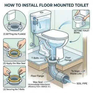 Step-by-step plumbing cross-section detailing how to properly connect and install a floor mounted toilet to a floor flange.
