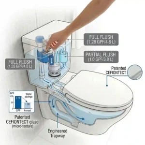 Cutaway illustration explaining the eco-friendly dual-flush mechanism featured in modern water-saving Toto ada toilets.
