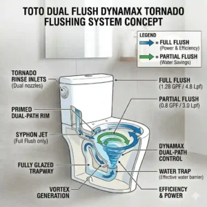 A conceptual technical drawing illustrating the vortex water flow of the toto dual flush Dynamax Tornado flushing system.