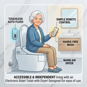 Accessible intelligent bidet toilet with dryer designed for hands-free bathroom use.