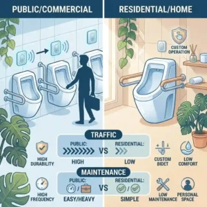 Side-by-side chart comparing features of commercial versus residential standing toilet models