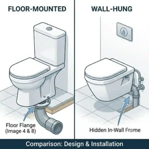 A side-by-side comparison diagram detailing the design and installation differences between a wall-hung toilet and a floor mounted toilet.