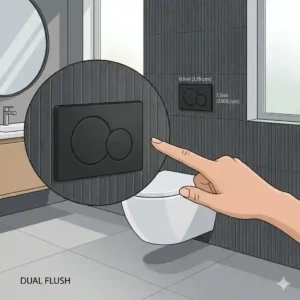 A matte black dual-flush actuator plate mounted on the wall above a wall mounted toilet bowl.