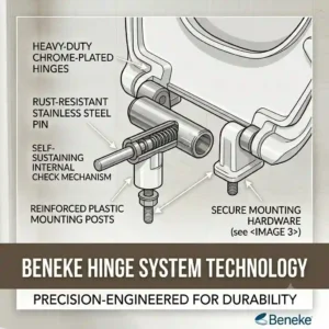 Close-up detail of the durable hardware and hinges used on beneke toilet seats.