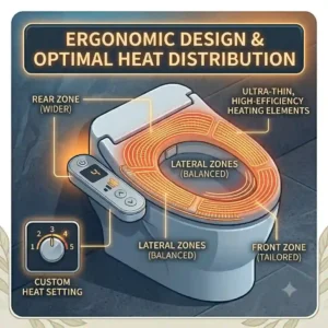 Thermal diagram demonstrating uniform heat distribution across an ergonomic contour toilet heated seat.
