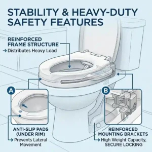 A technical illustration highlighting the safety brackets and stability of a heavy-duty toilet seat riser with bidet.