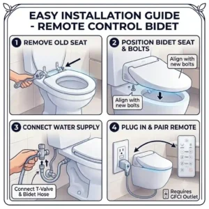 Step-by-step graphic illustration showing how to install an electronic remote control bidet seat onto a standard toilet bowl.